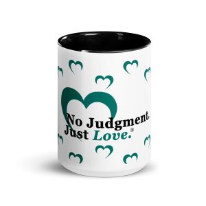 No Judgment. Just Love.®  Teal "mini heart" Mug with Black Color Inside
