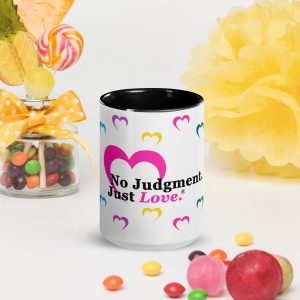 No Judgment. Just Love.®  Multi Color Hearts Mug with Color Inside